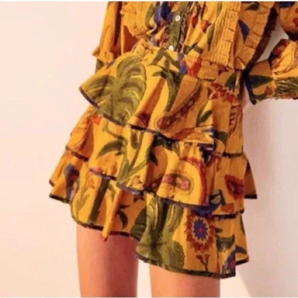 FARM Rio Yellow Tropical Tapestry layered Mini Skirt Size S - Picture 2 of 12